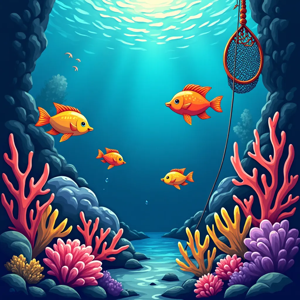 Cartoon underwater fishing arena with neon sea creatures